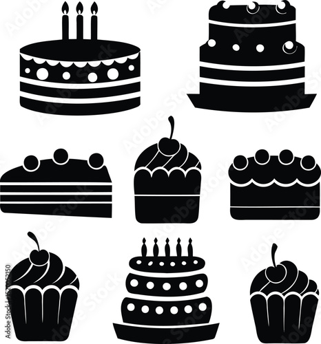 Silhouette vector set of birthday cakes, cupcakes, slices, and frosting decorations, ideal for party invitations, bakery branding, and dessert celebration graphics

