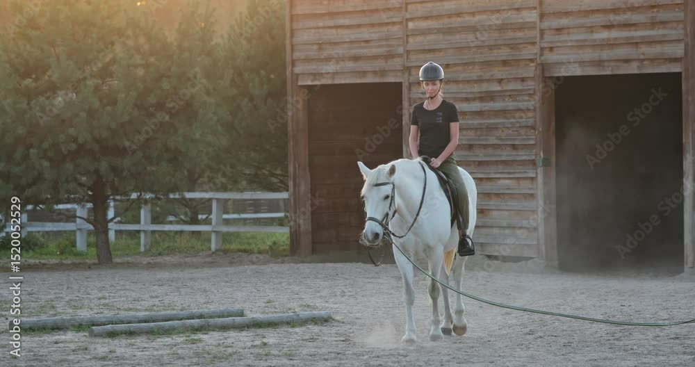 Young horsewoman riding white horse training in the paddock near wooden stable at sunset, equestrian sport, horse riding, hobby and leisure activity Young horsewoman riding white horse training in the paddock near wooden stable at sunset, equestrian sport, horse riding, hobby and leisure activity