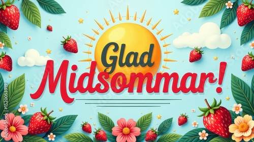 A greeting card for Swedish midsummer celebration, decorative lettering text 
