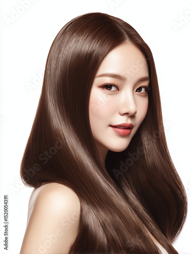 Model with long brown hair poses against a white background showcasing beauty and confidence