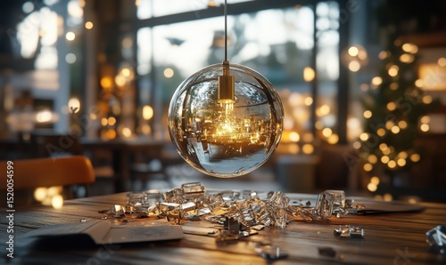 Shattered glass, glowing bulb, cafe interior, evening ambiance, website background