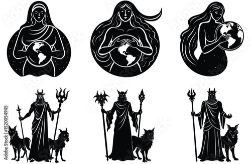 Goddess Holding Earth And Hades With Cerberus Figures Black And White