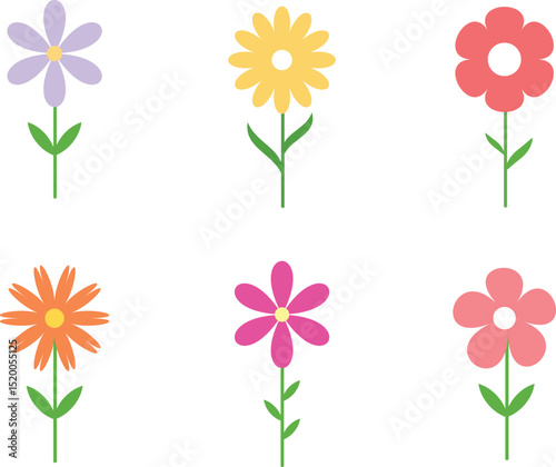  Flower icon set.  hand drawn decorative. Colorful flowers collection. Daisy chamomile, chrysanthemum, cornflower, sun flower. Flat design. Growing concept and Blooming element. Vector illustration.