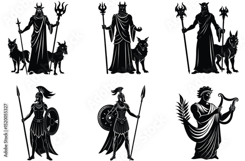 Silhouette Depiction Of Greek Mythology Gods Hades Athena And Apollo Icons