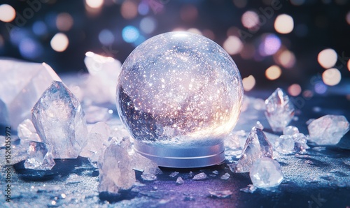 Sparkling snow globe with crystals, bokeh background; winter magic, holiday decoration