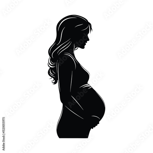 Beautiful black vector silhouette of a pregnant woman's body with flowing hair, illustrating the love and beauty of pregnancy icon white background