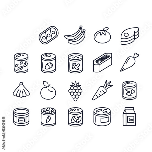 Preserved and Canned Food Icon Collection – Line Style Vector Icons Featuring Packaged Goods, Jarred Items, Tinned Products, and Food Storage Concepts