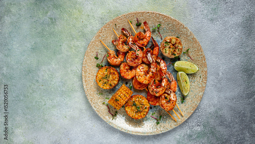 tiger prawns on skewers, shrimp kebab, with corn, fried, homemade, no people,