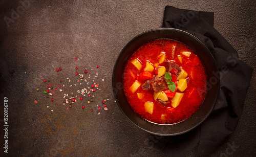 meat goulash, with potatoes and carrots, sweet pepper, traditional Hungarian soup, homemade, no people,