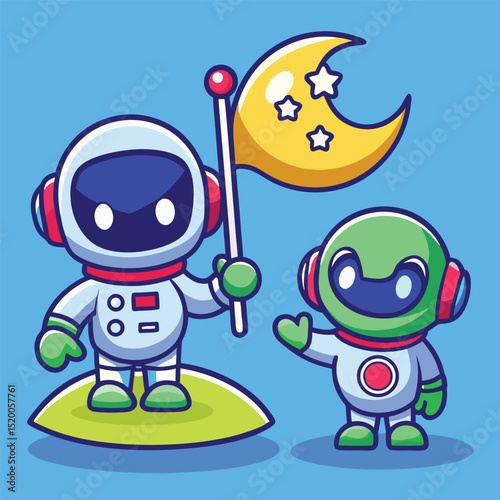 Cute Astronaut and Alien Respecting Moon Flag – Cartoon Vector Icon Illustration, Science and Technology Concept Isolated
