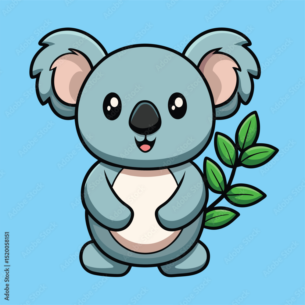Obraz premium Cute Koala Holding Tree Branch – Flat Cartoon Vector Icon of Animal and Nature Concept 