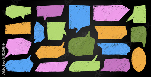 A collection of vivid hand-drawn chalk speech ballons on a blackboard. Dialog balls for text. Design elements for memo and messages.