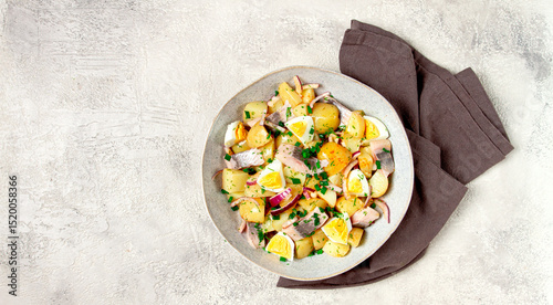 potato salad with herring and eggs, Scandinavian cuisine, homemade, no people,