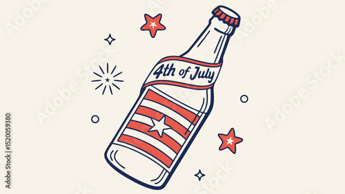 Illustration of a bottle wrapped in a th of july themed banner with stars and fireworks around it