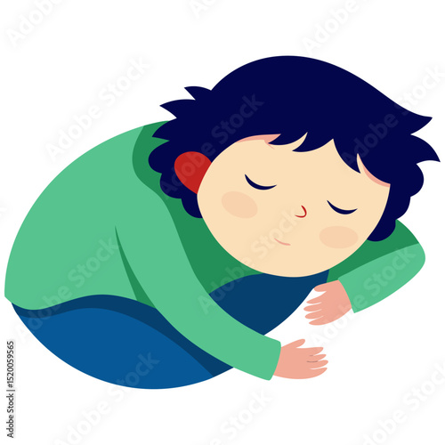 Cartoon child sleeping curled up on floor
