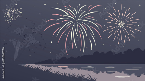 Fireworks over a lake with reflections and trees in the background on a dark night sky illustration