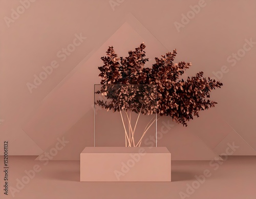 Minimalist Brown Aesthetic Product Display, Geometric Shapes, Dried Flowers, Platform, Muted Tones, 