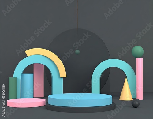 Abstract 3D Geometric Shapes Pastel Colors, Cylinders, Arcs, Cones
