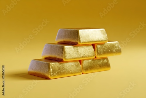 Stacked gold bars rising like stairs on yellow background, symbolizing gold price increase, investment, and safe haven during economic crisis and war