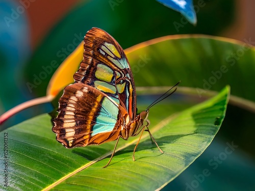 closeup macro of a multi-colored butterfly on leaf surround by foliage