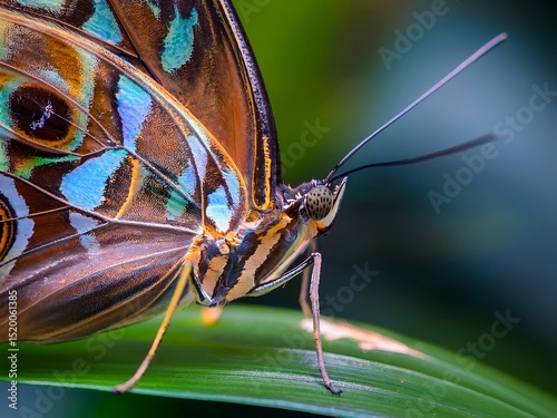 closeup macro of a multi-colored butterfly on leaf surround by foliage