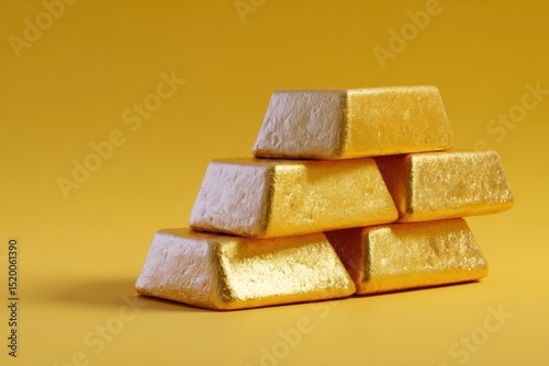 Stacked gold bars rising like stairs on yellow background, symbolizing gold price increase, investment, and safe haven during economic crisis and war