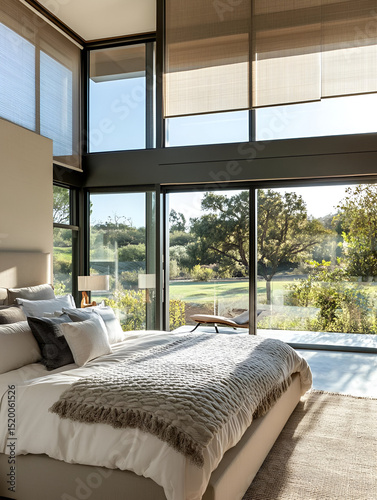 A high-end modern bedroom with floor-to-ceiling windows, a king-sized bed, and neutral tones