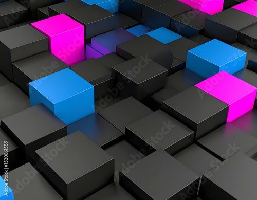 Abstract 3D Cubes Black, Pink, Blue Geometric Pattern