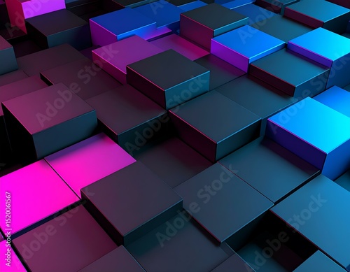 Abstract 3D Neon Cubes Pink, Blue, Black Geometric Pattern