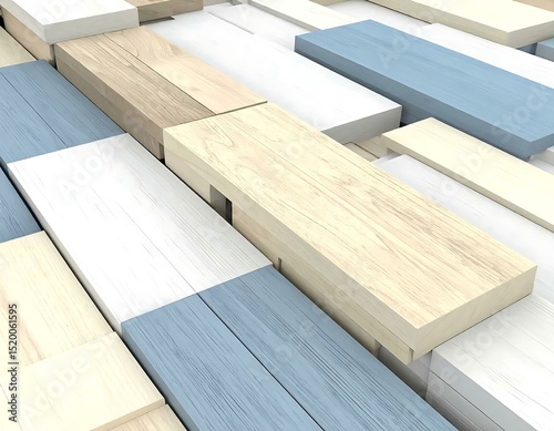 Abstract Wooden Blocks Beige, White, and Blue Geometric Pattern
