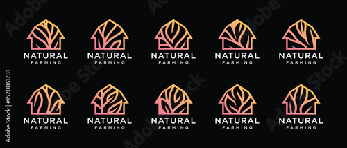 Nature tree farm house logo design collection. Nature leaf farm logo template. Farm and ranch logo symbol icon