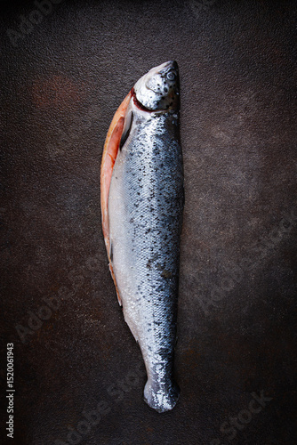 freshly frozen salmon, peeled, on the table, top view,