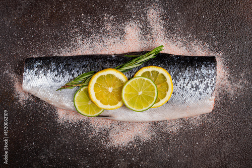 Fresh fish fillet, garnished with lemon and herbs, on a dark background, ready to cook