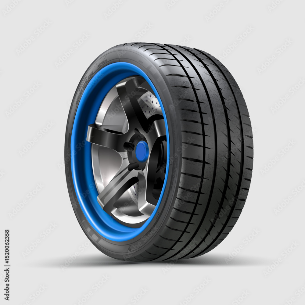 Obraz premium Modern sports tire with aluminum disc on white background.