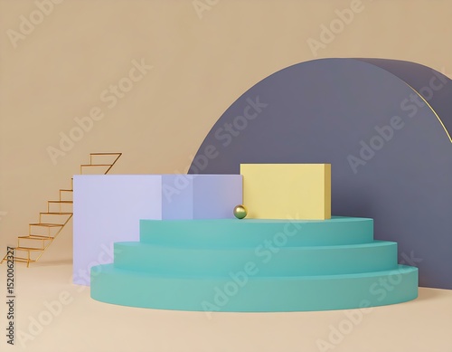 Abstract Pastel Geometric Shapes 3D Rendered Scene with Steps