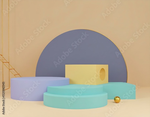 Abstract Pastel Geometric Shapes Cubes, Sphere, Gold Accents