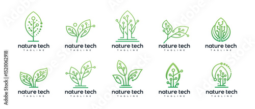 Green leaf technology logo design template collection. Nature leaf digital technology logo design vector icon