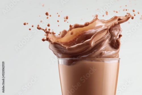 Chocolate milk splash on clean white background, creamy beverage concept