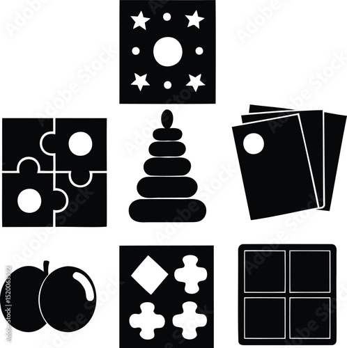 Silhouette vector set of preschool educational items including puzzle pieces, stacking rings, flashcards, and shape sorting games, ideal for early childhood learning and play