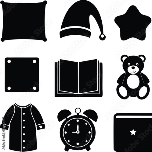 Silhouette vector set of bedtime items including pillow, teddy bear, pajamas, alarm clock, nightcap, storybook, and blanket, perfect for kids' sleep routine and nighttime visuals