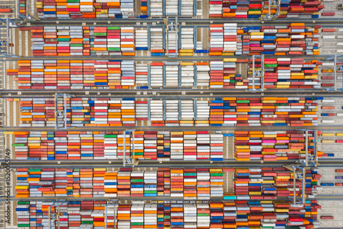 A top down view of the storage area for all of the containers awaiting collection from a busy commercial port