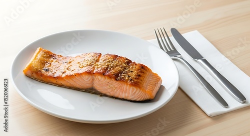 Grilled salmon fillet with sesame seeds on white plate with silverware and napkin on a light wooden table