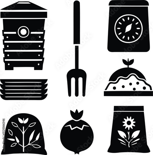 Silhouette vector set of garden tools, compost bags, fertilizer, soil, seeds, and pomegranate fruit, ideal for organic farming, garden care, and eco agriculture visuals
