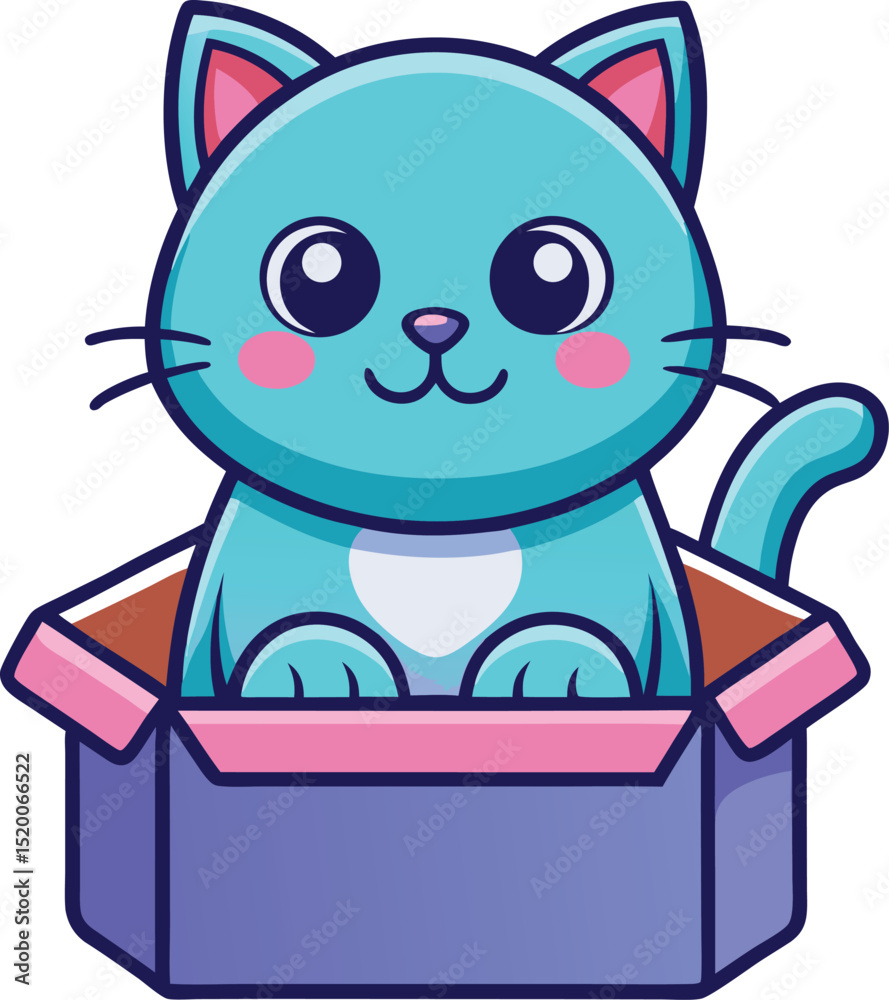 Fototapeta premium Cute Blue Cat in a Box Cartoon Illustration Vector Design