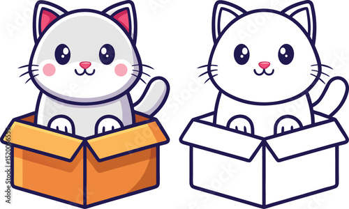 Cute Cartoon Cat in a Box Illustration with Line Art Version