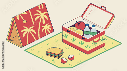 A picnic scene featuring a patterned tent, a lunchbox, a sandwich, and radishes on a picnic blanket