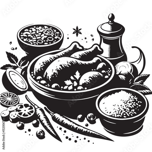 Black Chicken Tikka Masala Silhouette Vector, High Quality Illustration on White Background