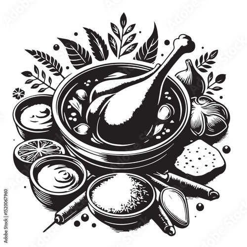 Black Chicken Tikka Masala Silhouette Vector, High Quality Illustration on White Background
