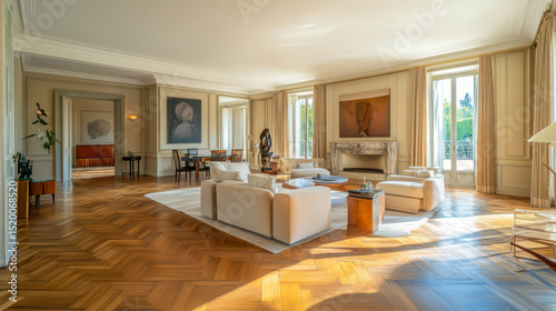 Modern living space with elegant furnishings and polished parquet wood flooring