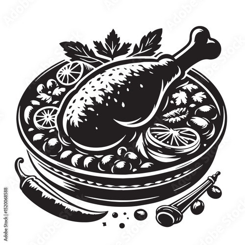 Black Chicken Tikka Masala Silhouette Vector, High Quality Illustration on White Background